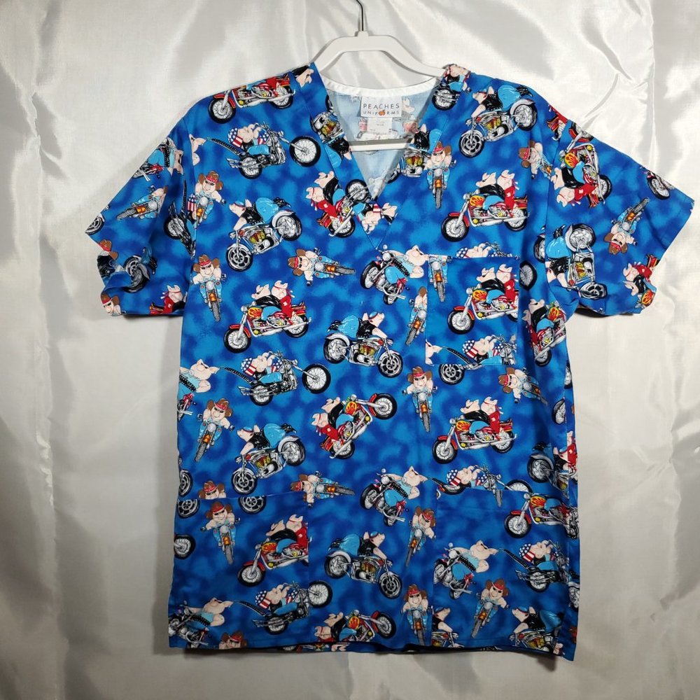 Peaches Uniform Scrub V-Neck Top Hogs n Motorcycles 3 Pockets Wmn Sz M